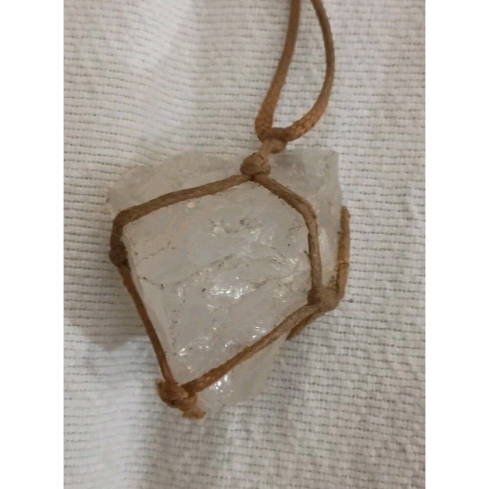 Raw Clear Quartz Crystal Pendant Cord Wrapped Macrame Net Necklace 1.5 Inch